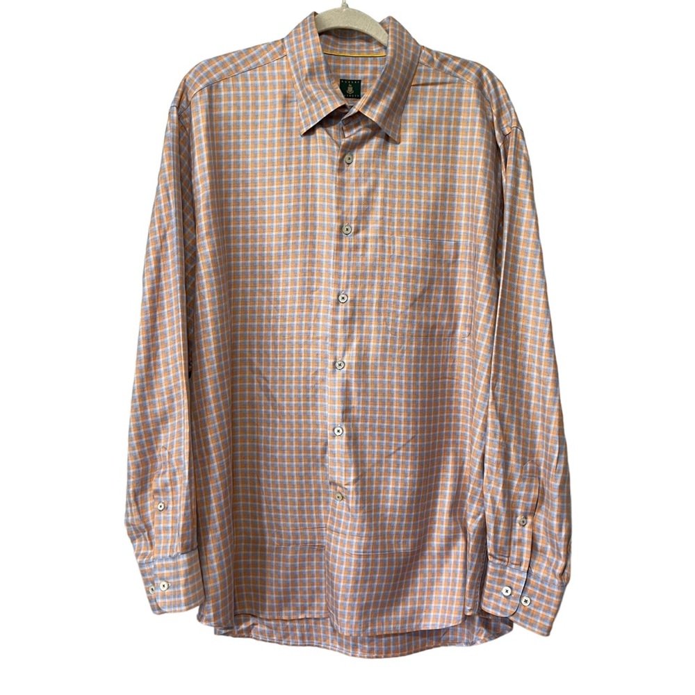 Robert Talbott Dress Shirt Mens XL Orange Blue Plaid Button Up 17-17.5 32/33